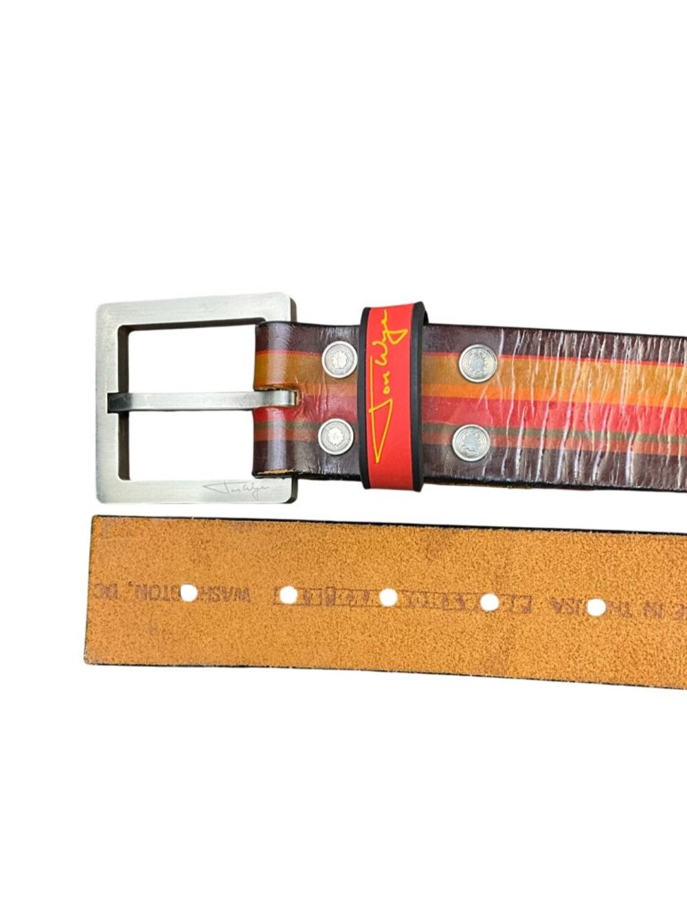 Jon Wye Mens Red & Brown Leather Belt Striped Adjustable Design Made In USA image 2